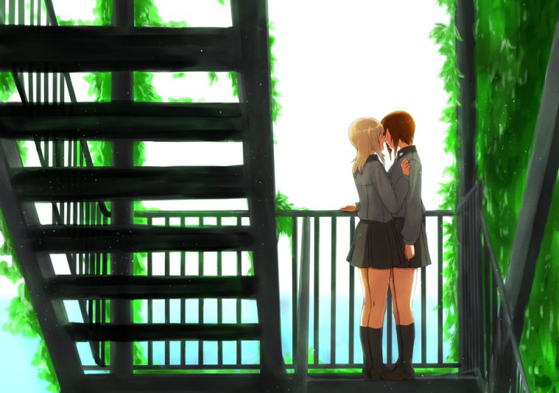 2girls backlighting black_footwear black_legwear black_skirt commentary_request day dress_shirt from_side girls_und_panzer grey_shirt hand_on_another's_shoulder hand_on_railing imminent_kiss itsumi_erika kuromorimine_school_uniform loafers long_hair long_sleeves miniskirt multiple_girls nishizumi_maho outdoors plant pleated_skirt railing school_uniform shirt shoes short_hair skirt sky socks stairs stairwell vines yuri yuuhi_(arcadia)