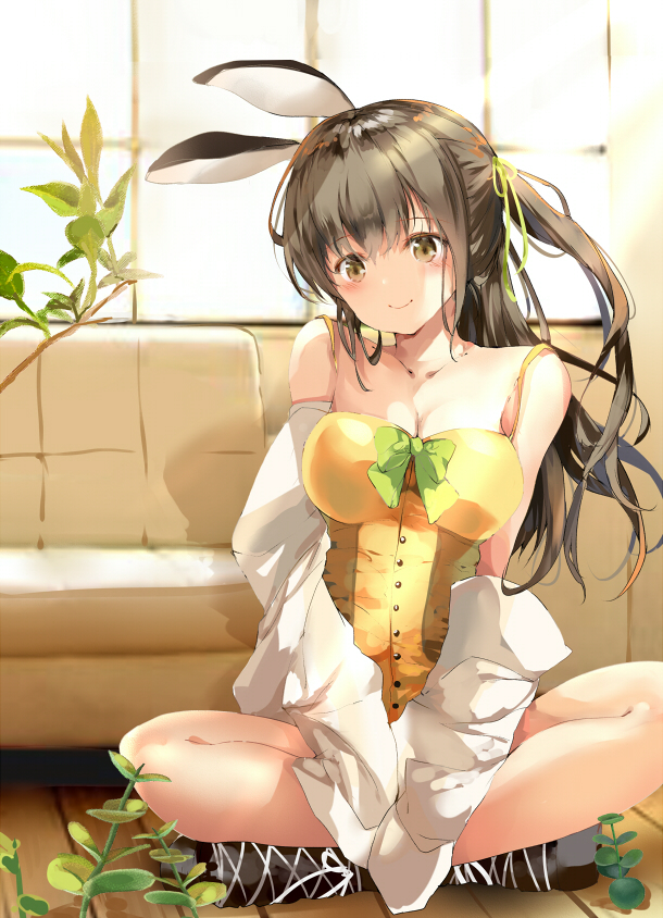 1girl animal_ears bangs bare_shoulders bow breasts brown_eyes brown_footwear brown_hair bunny_girl bunnysuit cleavage closed_mouth collarbone commentary_request couch day eyebrows_visible_through_hair green_bow green_ribbon hair_between_eyes hair_ribbon head_tilt jacket leotard medium_breasts off_shoulder one_side_up original pon_(ponidrop) rabbit_ears ribbon sitting smile solo sunlight white_jacket window wooden_floor yellow_leotard