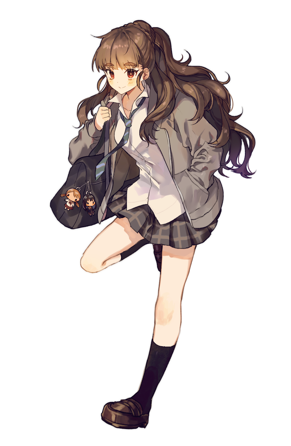 1girl bag bangs black_legwear brown_footwear brown_hair cardigan collarbone dress_shirt eyebrows_visible_through_hair grey_neckwear grey_skirt grey_sweater hair_between_eyes hand_in_pocket highres idolmaster idolmaster_cinderella_girls kamiya_nao loafers long_hair miniskirt one_leg_raised open_cardigan open_clothes pleated_skirt ranong red_eyes school_bag school_uniform shirt shoes simple_background skirt smile solo standing standing_on_one_leg striped_neckwear sweater uniform very_long_hair white_background white_shirt