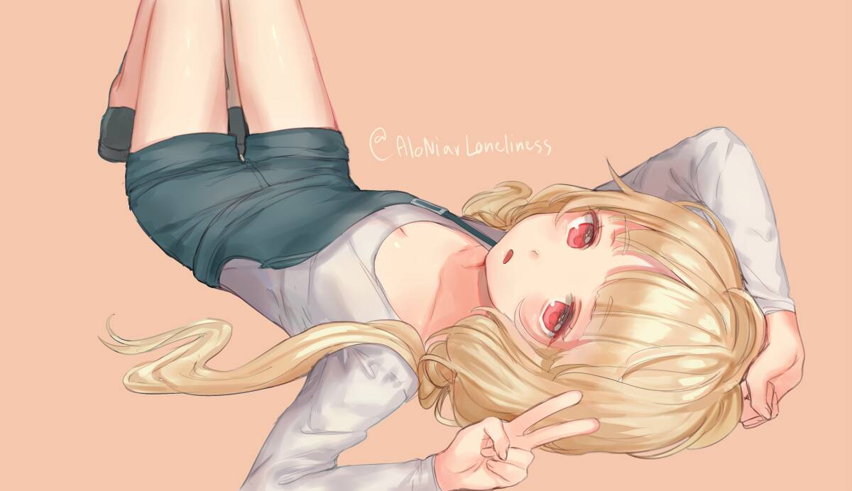 1girl :o aloniar bare_legs blonde_hair breasts cleavage full_body long_hair long_sleeves looking_at_viewer lying on_back open_mouth original overall_shorts overalls pink_eyes red_eyes shorts twintails v