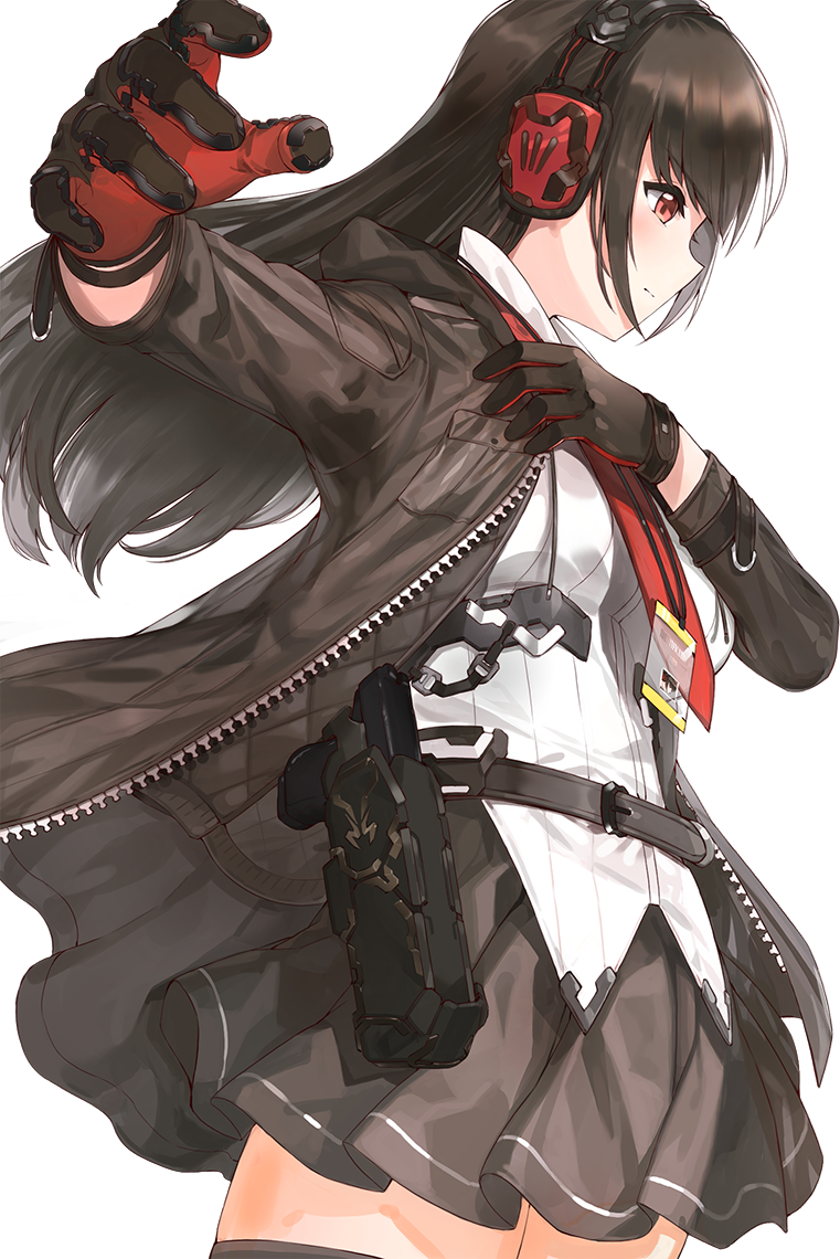 1girl breasts brown_eyes brown_hair commentary gloves gun handgun headphones holster jacket kfr long_hair medium_breasts necktie original pistol pleated_skirt skirt solo thigh-highs weapon white_background