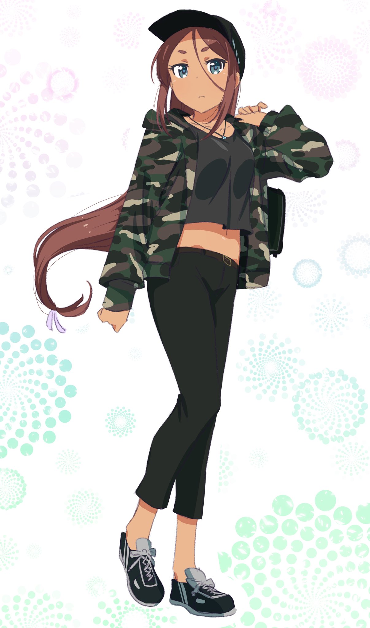1girl ahagon_umiko black_footwear black_hat black_pants black_shirt blue_eyes brown_hair camouflage_jacket collarbone dark_skin floating_hair full_body hair_between_eyes hair_ribbon hat highres jacket jewelry long_hair low-tied_long_hair midriff navel necklace new_game! open_clothes open_jacket pants pink_x ribbon shirt shoes sneakers solo standing stomach very_long_hair white_background white_ribbon