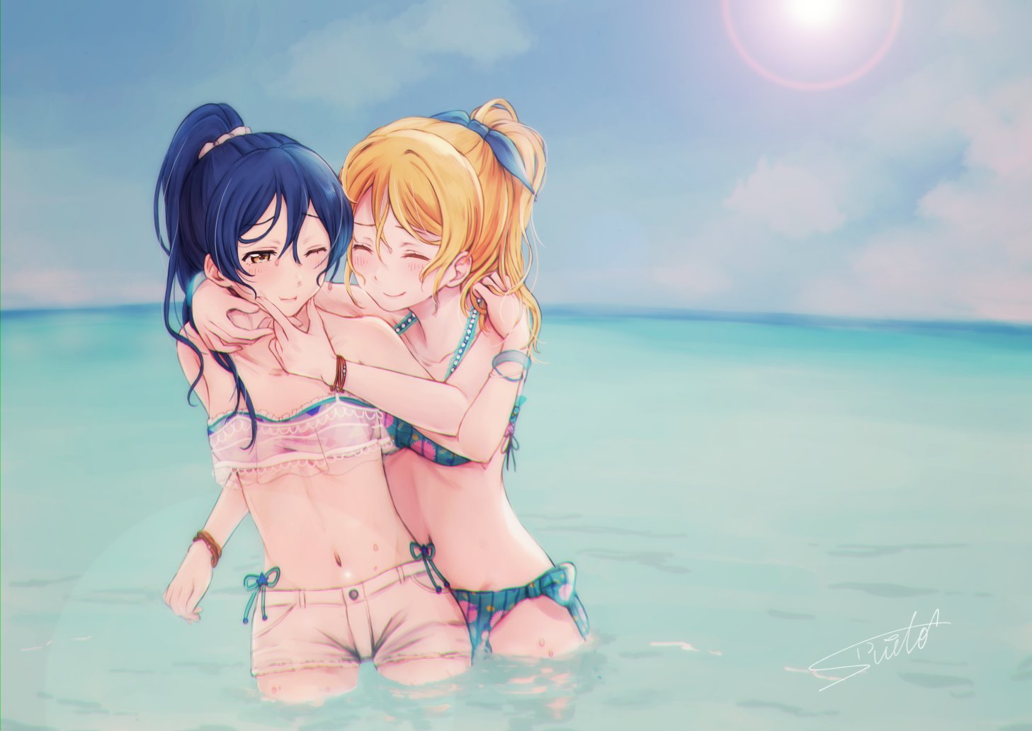 2girls alternate_hairstyle ayase_eli bangs bikini blonde_hair blue_hair closed_eyes commentary_request day hair_between_eyes hand_on_another's_cheek hand_on_another's_face long_hair love_live! love_live!_school_idol_project multiple_girls ocean one_eye_closed outdoors partially_submerged ponytail scrunchie side-tie_bikini smile sonoda_umi suito swimsuit water yellow_eyes