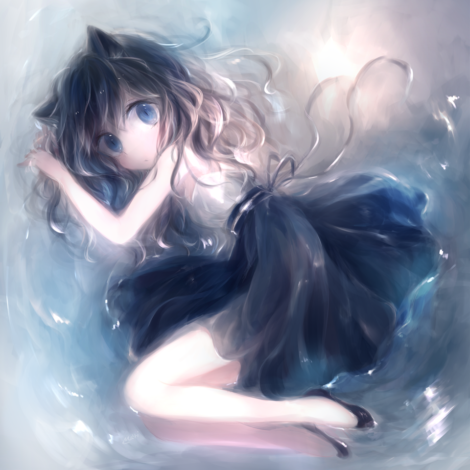 1girl animal_ears bangs black_footwear black_hair cat_ears expressionless flats high-waist_skirt in_water koneko_mari long_hair lying navy_blue_skirt on_side original ribbon sash shallow_water shirt skirt solo water wavy_hair white_shirt