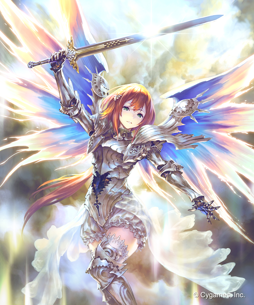 1girl arm_up armor armored_boots boots breastplate brown_hair clouds cloudy_sky day floating_hair gauntlets green_eyes highres hisakata_souji holding holding_sword holding_weapon long_hair miniskirt outdoors outstretched_arm parted_lips ponytail shingeki_no_bahamut skirt sky solo sparkle spaulders standing sword thigh-highs thigh_boots very_long_hair weapon white_legwear white_skirt wings zettai_ryouiki