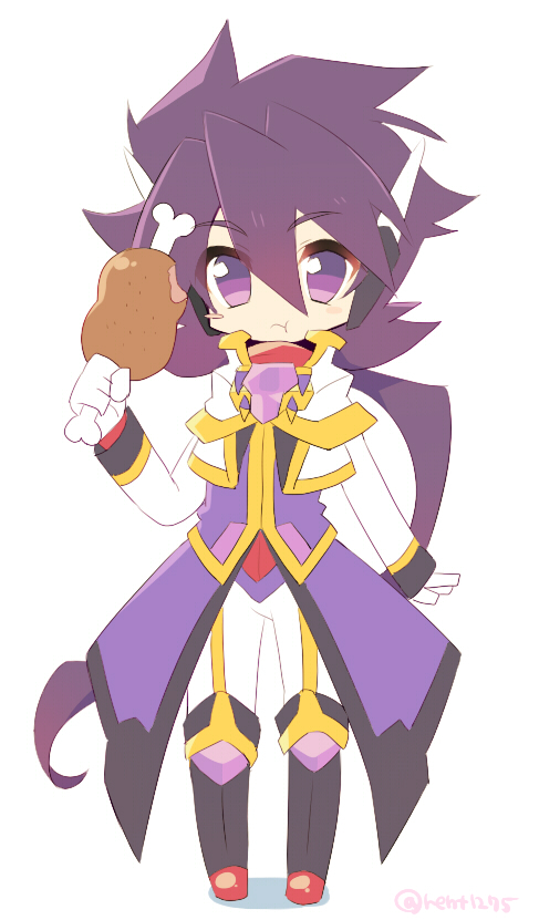 1boy black_footwear blush_stickers bone boned_meat boots chibi eating food gloves jacket male_focus meat pants purple_hair purple_shirt rento_(rukeai) saikyou_ginga_ultimate_zero_~battle_spirits~ shirt simple_background solo spiky_hair standing twitter_username violet_eyes white_background white_gloves white_jacket white_pants zero_the_flash