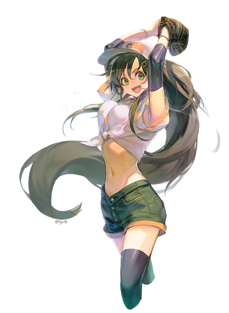 1girl :d arms_up baseball baseball_cap black_legwear bracelet breasts brown_hair cropped_legs detached_sleeves dress_shirt floating_hair green_eyes hair_ornament hairclip hat himekawa_yuki holding idolmaster idolmaster_cinderella_girls jewelry large_breasts long_hair midriff navel olys open_mouth ponytail shirt short_shorts shorts signature simple_background smile solo stomach thigh-highs tied_shirt very_long_hair white_background white_shirt