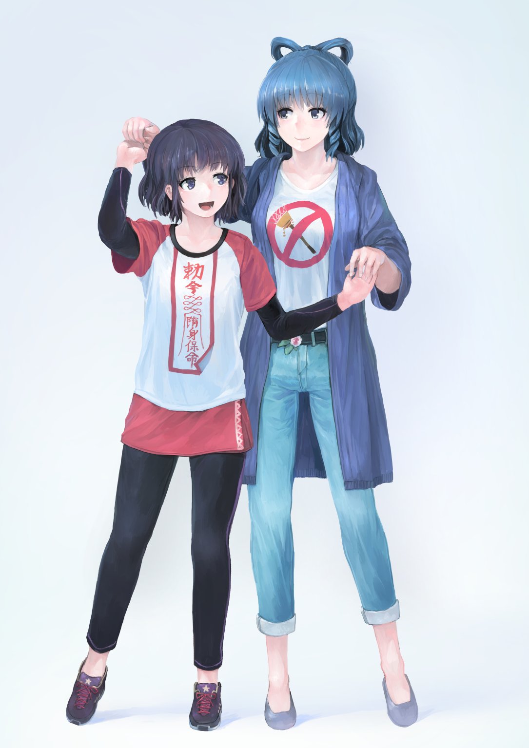 2girls adapted_costume alternate_costume black_hair blue_eyes blue_hair casual denim highres ichiba_youichi jeans jiangshi kaku_seiga long_sleeves miyako_yoshika multiple_girls ofuda pants shirt shoes skirt touhou