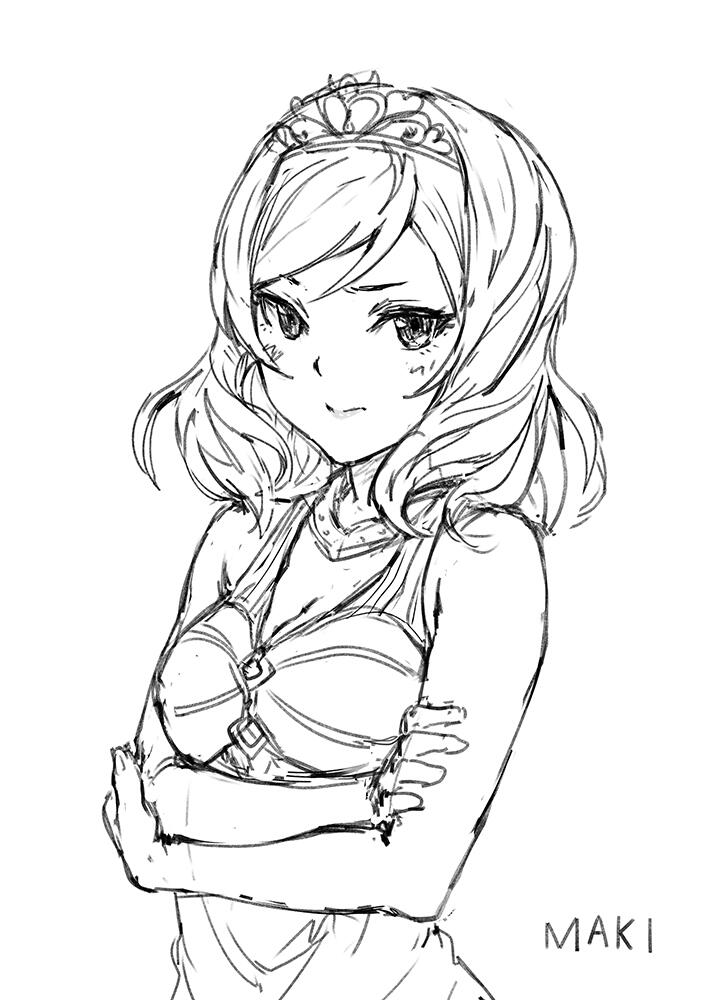1girl bare_arms bare_shoulders breasts character_name cleavage closed_mouth crossed_arms crown greyscale haoni looking_at_viewer love_live! love_live!_school_idol_project monochrome nishikino_maki short_hair simple_background sketch solo upper_body white_background
