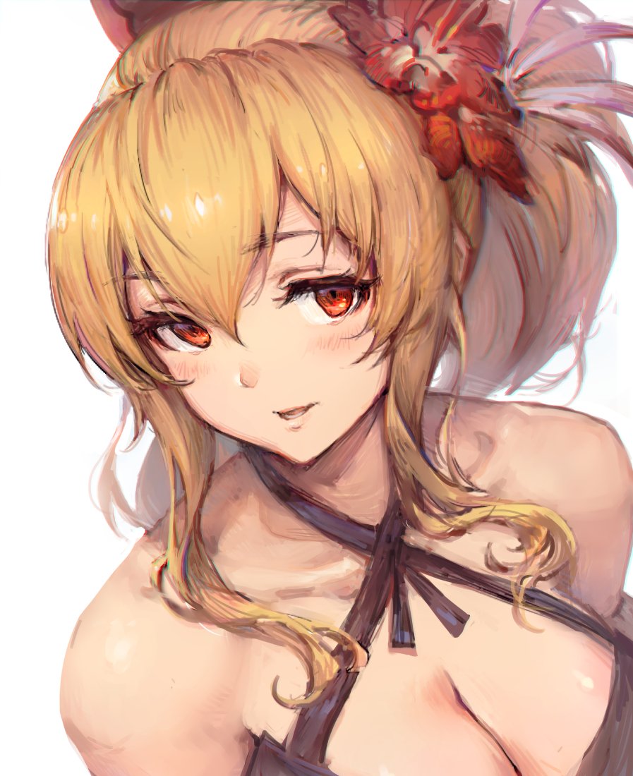 1girl bangs bare_shoulders blonde_hair blush bow breasts chromatic_aberration cleavage criss-cross_halter eyebrows eyebrows_visible_through_hair eyelashes flower granblue_fantasy hair_between_eyes hair_bow hair_flower hair_ornament halter_top halterneck haoni large_breasts long_hair looking_at_viewer parted_lips ponytail red_eyes red_flower sidelocks simple_background smile solo upper_body vira_lilie white_background