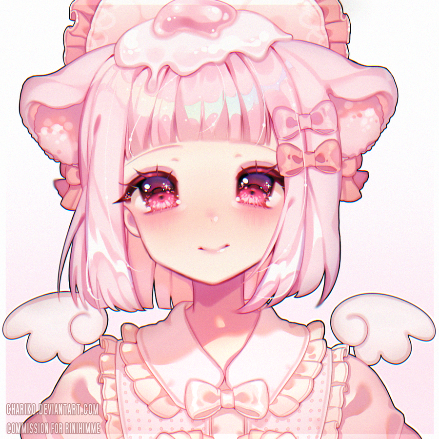 1girl animal_ears bangs chariko commission dress egg frilled_dress frills hair_ornament maid_headdress original pink_eyes pink_hair short_hair smile upper_body wings