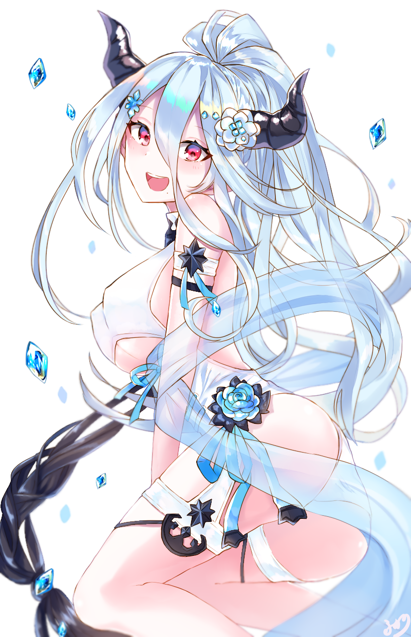 1girl armband ass bare_shoulders blue_hair blush breasts draph flower granblue_fantasy hair_between_eyes hair_flower hair_ornament hairclip highres hips horns ice izmir large_breasts long_hair looking_at_viewer mole mole_under_mouth open_mouth pointy_ears ponytail red_eyes sash simple_background sitting smile snowflake_hair_ornament solanikieru solo swimsuit thigh_strap thighs under_boob very_long_hair waist white_background white_swimsuit