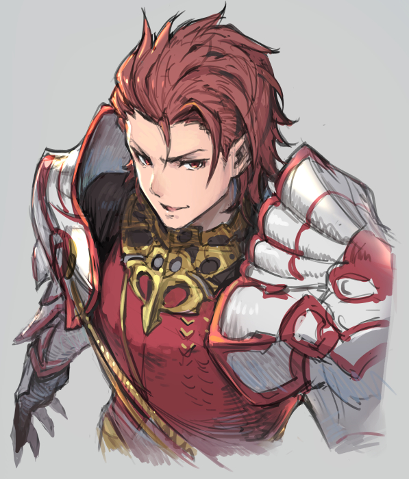 1boy armor character_request gauntlets granblue_fantasy grey_background haoni looking_at_viewer male_focus parted_lips pauldrons red_eyes redhead simple_background smile solo upper_body vira_lilie