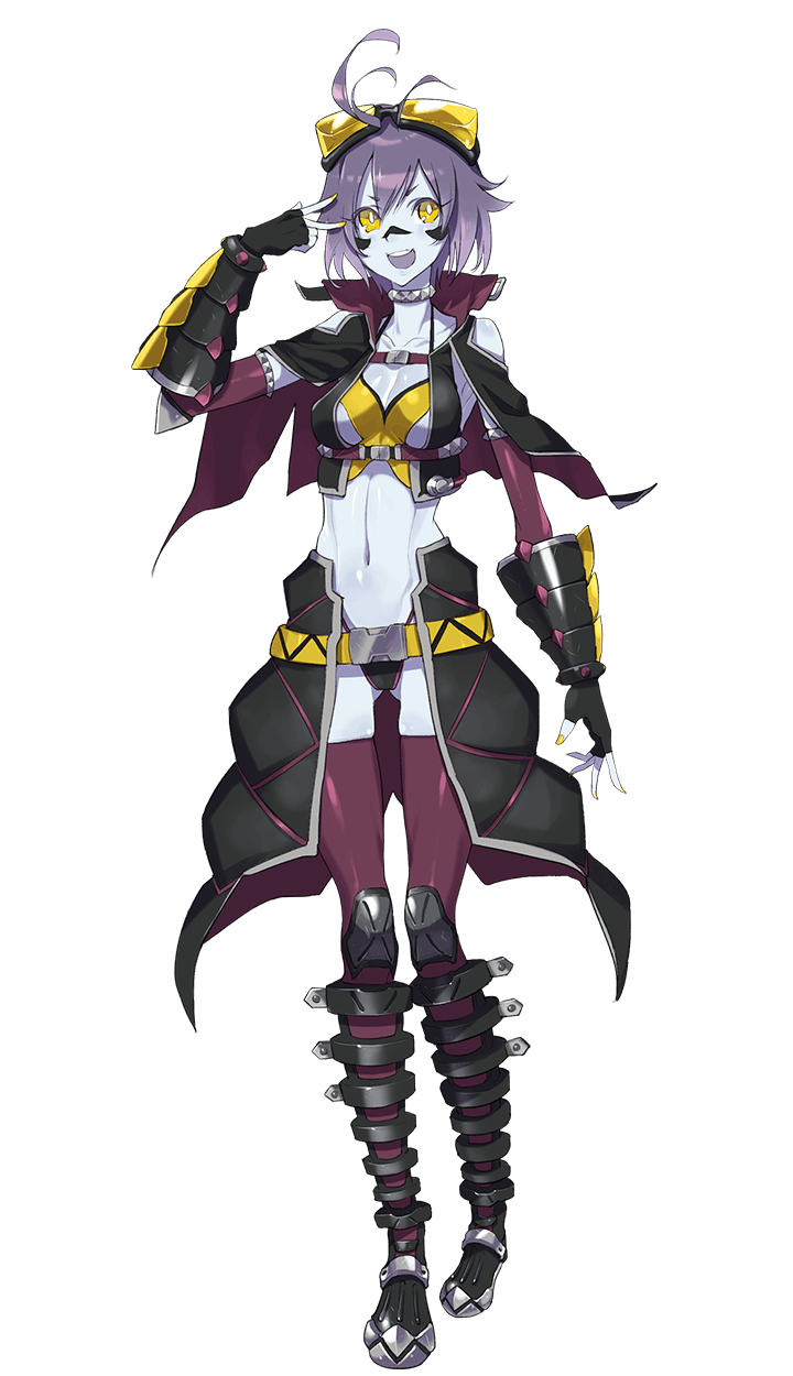 1girl ahoge formation_girls full_body goggles goggles_on_head hand_over_face highres looking_at_viewer malissa_flint midriff navel purple_hair short_hair smile solo transparent_background yellow_eyes ze_(sawakihein)