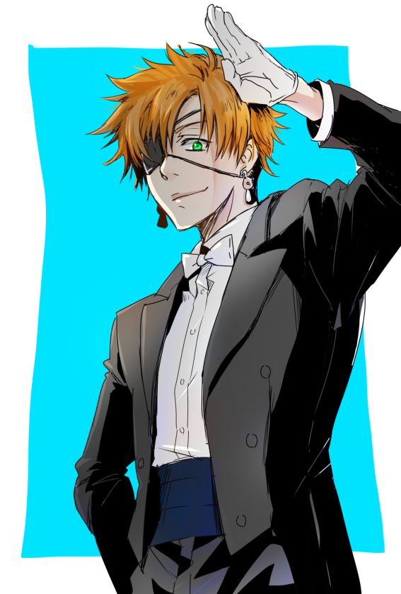 1boy arm_up black_jacket black_pants bow brown_hair d.gray-man dress_shirt earrings eyepatch formal gloves green_eyes hand_on_hip jacket jewelry lavi looking_at_viewer male_focus pants shirt sketch solo suit_jacket white_bow white_gloves white_neckwear white_shirt