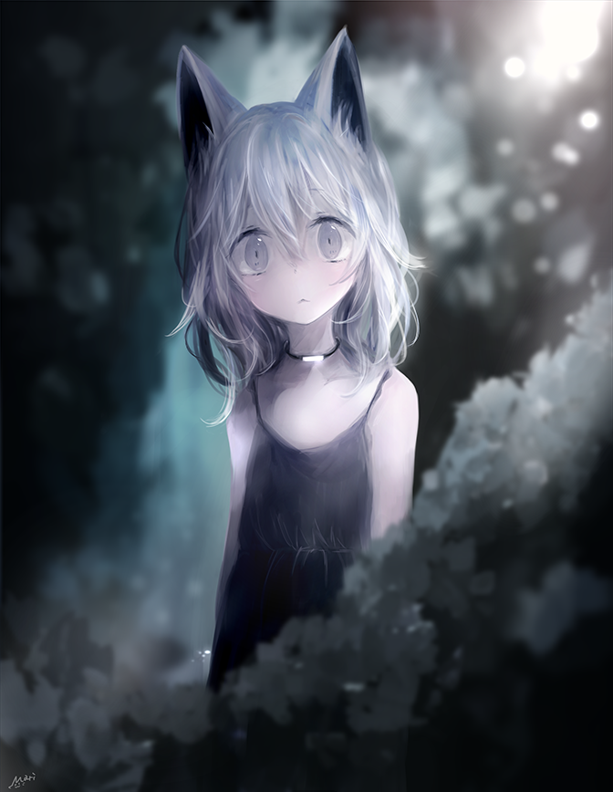 1girl :&lt; animal_ears artist_name bangs black_dress black_hair blurry blurry_background cat_ears choker collarbone dress forest grey_hair hair_between_eyes koneko_mari looking_at_viewer medium_hair multicolored_hair muted_color nature original outdoors solo spaghetti_strap two-tone_hair