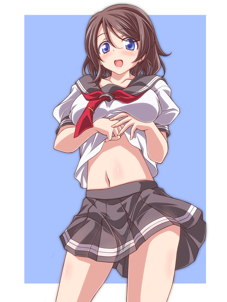 1girl :d bangs blouse blue_background blue_eyes breasts brown_hair cowboy_shot eyebrows_visible_through_hair grey_skirt kikuchi_tsutomu lifted_by_self looking_at_viewer love_live! love_live!_sunshine!! medium_breasts miniskirt navel neckerchief open_mouth outside_border pleated_skirt puffy_short_sleeves puffy_sleeves red_neckwear school_uniform serafuku shirt_lift short_hair short_sleeves skirt smile solo standing striped striped_skirt uranohoshi_school_uniform watanabe_you white_blouse