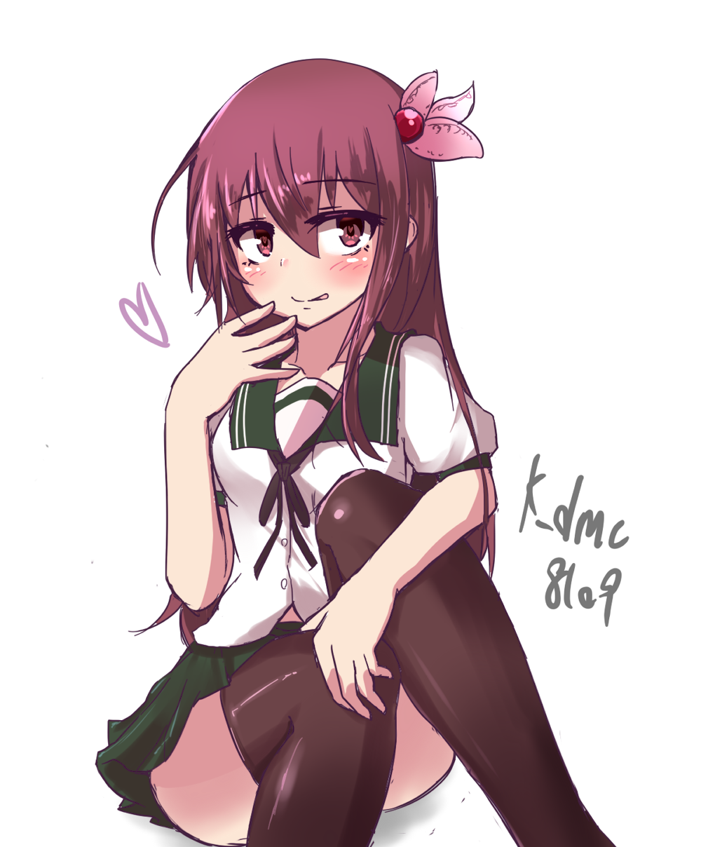 1girl :d blouse blush breasts brown_hair brown_legwear green_skirt hair_ornament heart heart-shaped_pupils highres kantai_collection kihou_no_gotoku_dmc kisaragi_(kantai_collection) long_hair neckerchief open_mouth pleated_skirt sailor_collar school_uniform serafuku short_sleeves sitting skirt small_breasts smile solo symbol-shaped_pupils thigh-highs violet_eyes