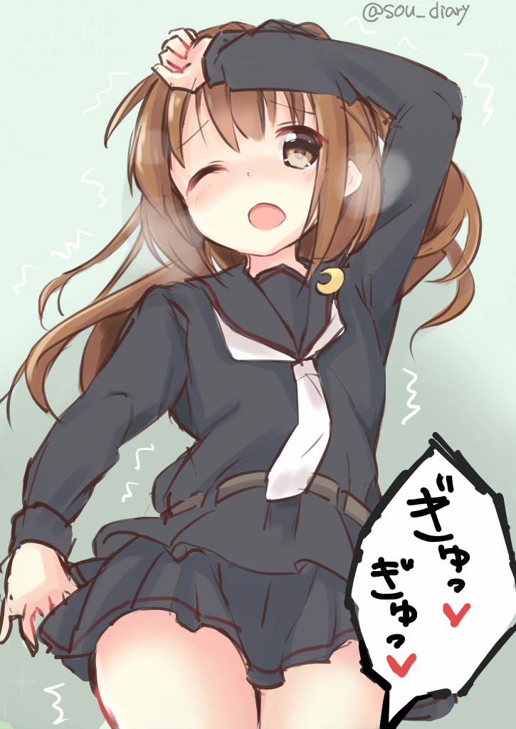 ;o black_serafuku black_shirt black_skirt blue_background blush brown_eyes brown_hair commentary cowboy_shot crescent crescent_moon_pin fumizuki_(kantai_collection) heavy_breathing kantai_collection kenzen long_hair long_sleeves necktie one_eye_closed pleated_skirt ponytail school_uniform serafuku sexually_suggestive shirt simple_background skirt sou_(soutennkouchi) twitter_username white_neckwear