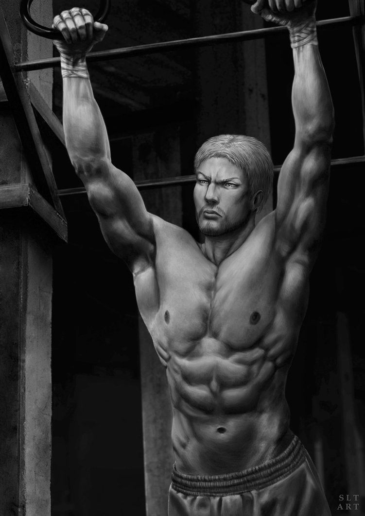 1boy abs artist_name bandage deviantart_sample facial_hair greyscale image_sample monochrome realistic reiner_braun serious shingeki_no_kyojin short_hair simelaslt solo training