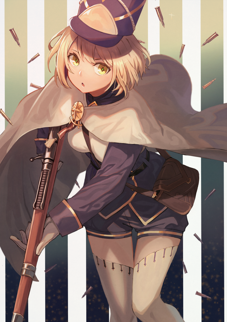 1girl between_breasts blonde_hair cape cartridge diamond-shaped_pupils gloves gun hat holding holding_gun holding_weapon original peroncho rifle rifle_cartridge short_hair short_shorts shorts solo strap_cleavage symbol-shaped_pupils thigh-highs weapon yellow_eyes