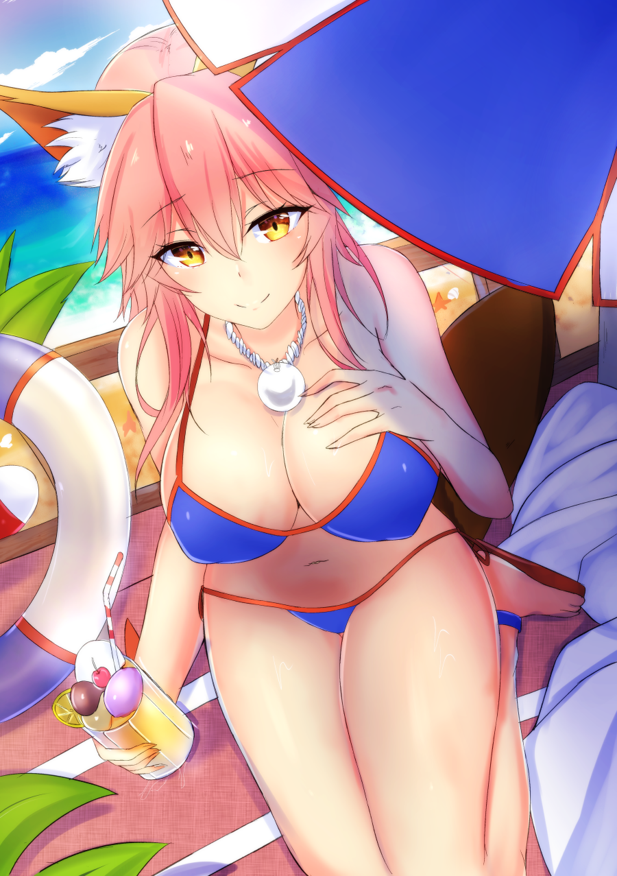 1girl animal_ears bikini blue_bikini blush breasts chiyo_(pk19981234) cleavage collarbone day fate/grand_order fate_(series) fox_ears hand_on_own_chest highres innertube large_breasts looking_at_viewer navel ocean outdoors parasol pink_hair side-tie_bikini sitting solo swimsuit tamamo_(fate)_(all) tamamo_no_mae_(swimsuit_lancer)_(fate) umbrella yellow_eyes