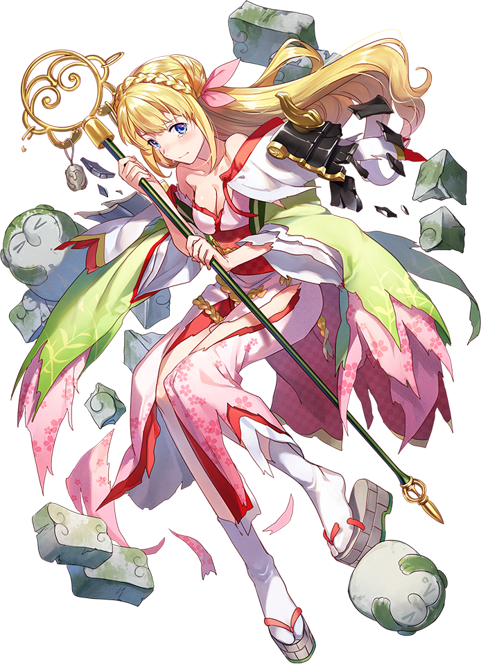 1girl artist_request bare_shoulders blonde_hair blue_eyes blush breasts cleavage collarbone full_body hair_braid hair_bun hair_ribbon haori holding holding_staff japanese_clothes kimono long_hair looking_at_viewer medium_breasts official_art oshiro_project oshiro_project_re pink_kimono pink_ribbon ribbon socks solo staff takatori_(oshiro_project) tearing_up torn_clothes transparent_background white_legwear