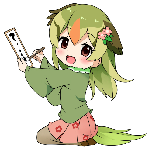 1girl :d animal_ears bangs blush brown_eyes brown_footwear brown_legwear calligraphy_brush character_request commentary_request eyebrows_visible_through_hair floral_print flower green_hair green_shirt hair_between_eyes hair_flower hair_ornament holding holding_paintbrush kemono_friends long_sleeves looking_at_viewer looking_to_the_side lowres makuran multicolored_hair open_mouth orange_hair paintbrush pantyhose pink_flower pink_skirt pleated_skirt print_skirt seiza shirt shoes simple_background sitting skirt smile solo tail two-tone_hair white_background wide_sleeves