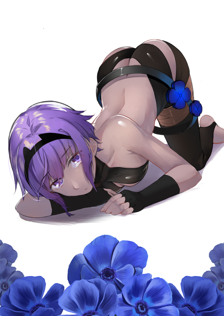 1girl ass back backless_outfit bangs bare_shoulders belt black_gloves black_hairband black_leotard breasts center_opening collarbone dark_skin eyebrows_visible_through_hair fate/prototype fate/prototype:_fragments_of_blue_and_silver fate_(series) fingerless_gloves flower gloves hairband halterneck hassan_of_serenity_(fate) highres hitotose_hirune leggings leotard looking_at_viewer lying medium_breasts purple_hair simple_background solo thighs toeless_legwear top-down_bottom-up violet_eyes white_background