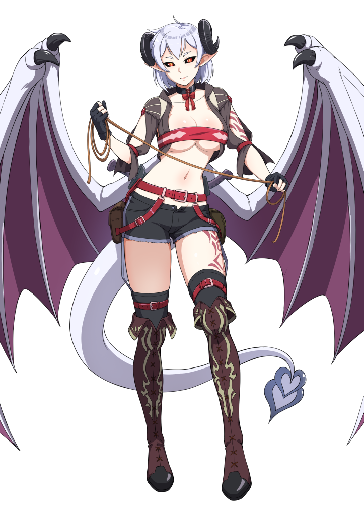 1girl bangs belt beltbra black_choker black_gloves black_legwear black_sclera black_shorts boots breasts brown_footwear brown_jacket choker closed_mouth contrapposto curled_horns demon_girl demon_horns demon_tail demon_wings fingerless_gloves gloves grey_hair holding horns jacket knee_boots large_breasts leash leg_belt lilim_(monster_girl_encyclopedia) long_hair looking_at_viewer maritan_(pixelmaritan) monster_girl_encyclopedia navel neck_ribbon original pointy_ears pouch red_eyes red_neckwear red_ribbon ribbon short_hair short_shorts shorts simple_background slit_pupils smile solo spread_wings standing sword tail tattoo thigh-highs vanessa_(lilim) weapon white_background wings