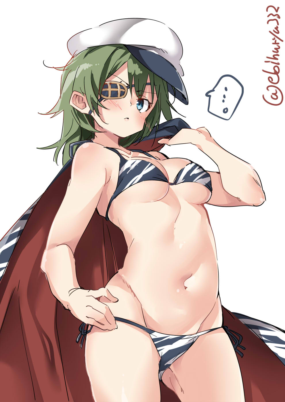1girl blue_eyes blush breasts closed_mouth ebifurya green_hair hat highres kantai_collection kiso_(kantai_collection) long_hair looking_at_viewer military military_uniform multicolored multicolored_clothes naval_uniform peaked_cap sailor_hat simple_background small_breasts solo swimsuit twitter_username uniform white_background