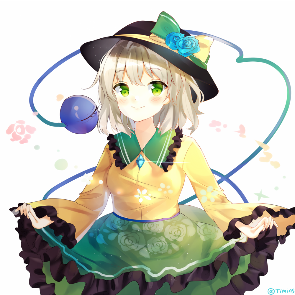 1girl black_hat breasts collared_shirt eyeball floral_print frilled_sleeves frills green_eyes green_hair green_ribbon green_skirt hat hat_ribbon heart heart_of_string komeiji_koishi lifted_by_self long_sleeves pleated_skirt ribbon shirt skirt skirt_lift small_breasts solo string third_eye timins touhou wide_sleeves yellow_ribbon yellow_shirt