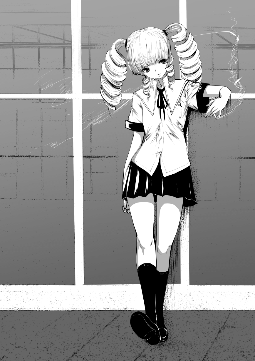 1girl against_glass bangs cigarette drill_hair full_body greyscale highres holding holding_cigarette kneehighs machigatta_ko_wo_mahou_shoujo_ni_shite_shimatta majiba_kayo monochrome pleated_skirt quad_drills school_uniform shoes short_sleeves skirt smoke socks solo souryu standing