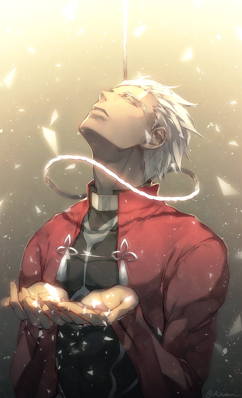 1boy archer closed_eyes dark_skin dark_skinned_male fate/stay_night fate_(series) hands_together highres light light_particles looking_up male_focus muscle noose parted_lips rope solo upper_body white_hair zelovel