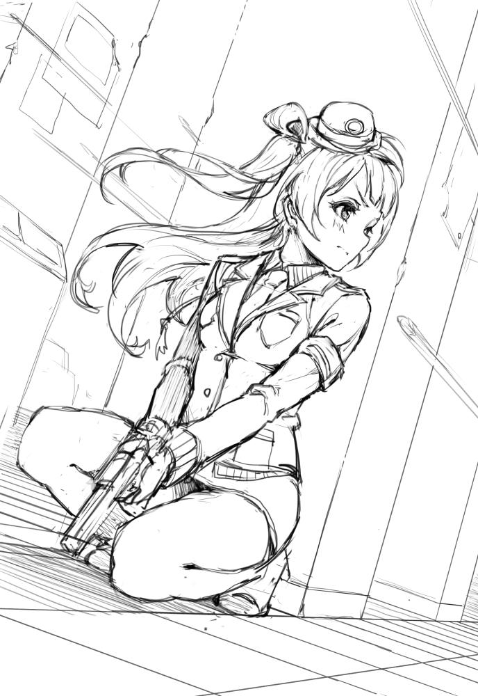 1girl bangs blunt_bangs blush breast_pocket closed_mouth commentary_request greyscale gun handgun haoni hat high_heels holding holding_gun holding_weapon jacket long_hair long_sleeves love_live! love_live!_school_idol_project minami_kotori monochrome necktie one_side_up pencil_skirt pistol pocket police police_hat police_uniform policewoman sketch skirt solo squatting two-handed uniform weapon
