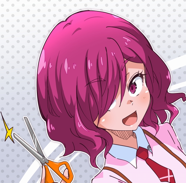 1girl bangs blush commentary eyebrows_visible_through_hair hair_over_one_eye hugtto!_precure l'avenir_academy_uniform long_hair long_sleeves looking_at_viewer necktie nono_hana open_mouth pink_eyes pink_hair pink_shirt polka_dot polka_dot_background portrait precure red_neckwear school_uniform scissors shirotae_(robamimi) shirt short_hair solo suspenders