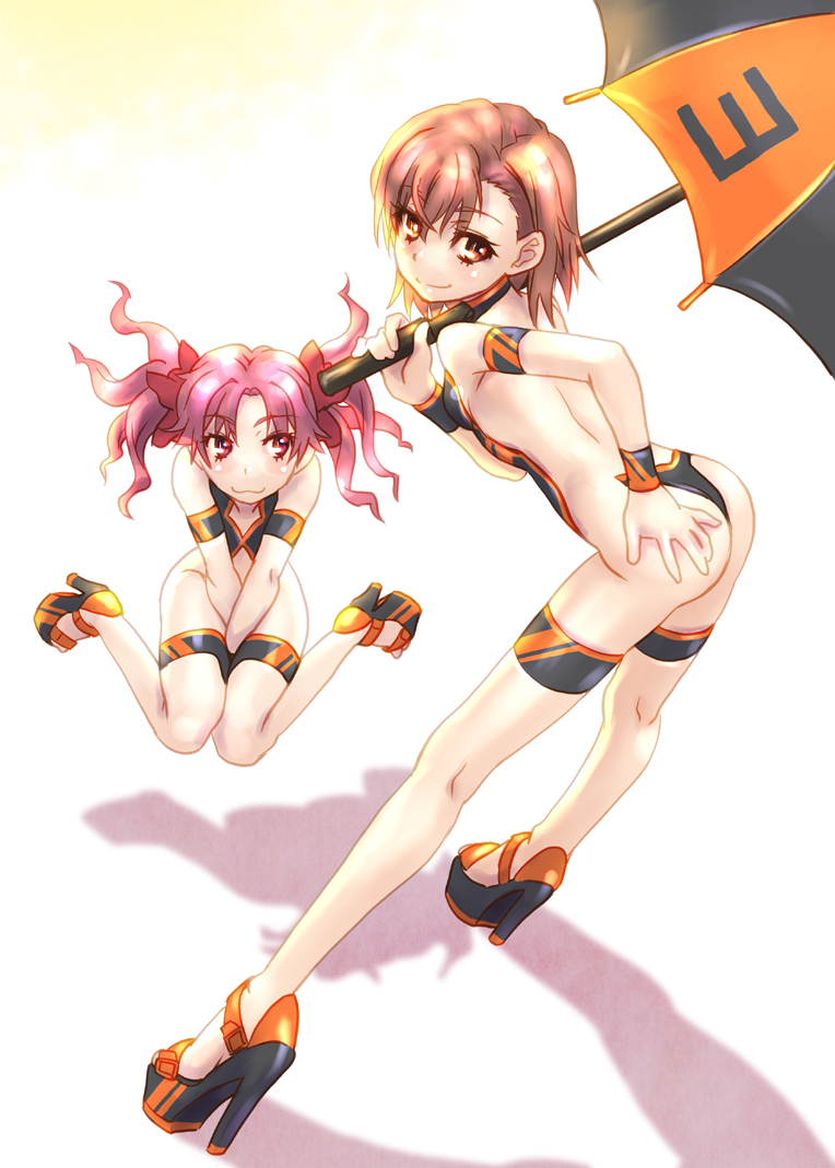 2girls bent_over between_legs bow brown_eyes brown_hair eyebrows_visible_through_hair flat_chest floating_hair full_body hair_bow hand_between_legs hand_on_own_ass high_heels holding holding_umbrella long_hair looking_at_viewer looking_back misaka_mikoto multiple_girls no_panties pink_hair racequeen raika9 red_bow red_eyes shadow shirai_kuroko short_hair smile standing thigh_strap to_aru_majutsu_no_index twintails umbrella white_background