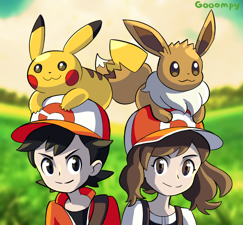 1boy 1girl :3 baseball_cap black_hair brown_eyes brown_hair closed_mouth commentary creature deviantart_username english_commentary face female_protagonist_(pokemon_lgpe) gen_1_pokemon gooompy hat looking_at_viewer male_protagonist_(pokemon_lgpe) outdoors pokemon_(creature) pokemon_lgpe pokemon_on_head signature smile
