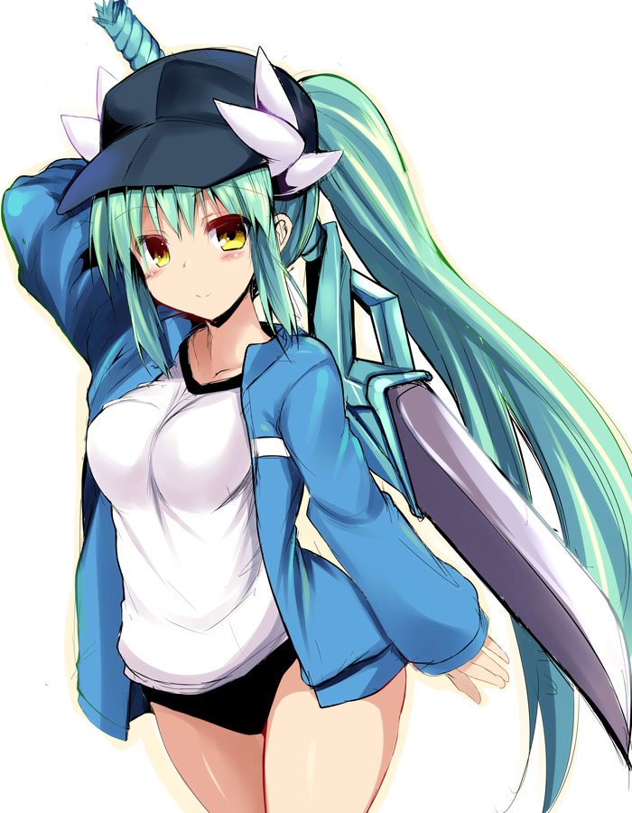 1girl baseball_cap black_hat blue_jacket blush breasts buruma fate/grand_order fate_(series) green_hair hat horns jacket kiyohime_(fate/grand_order) large_breasts long_hair long_sleeves looking_at_viewer polearm ponytail sen_(astronomy) shirt simple_background sleeves_past_wrists smile solo striped_jacket track_jacket weapon white_background white_shirt yellow_eyes