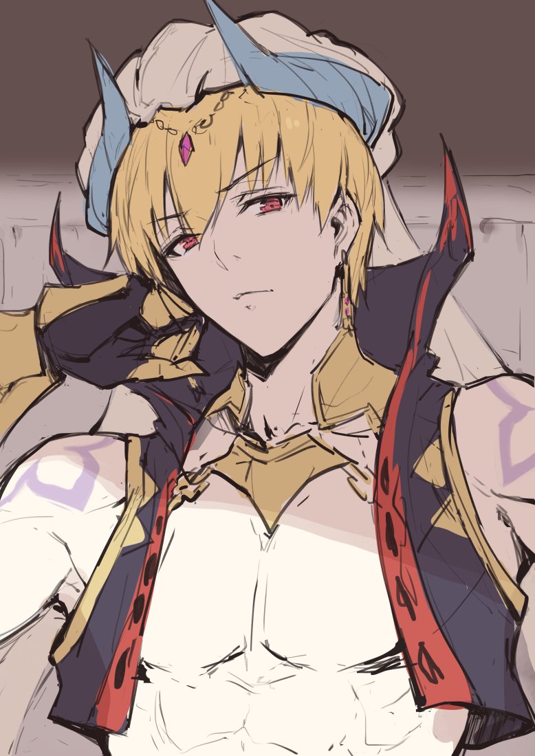 1boy bare_shoulders blonde_hair circlet closed_mouth commentary_request fate/grand_order fate_(series) gauntlets gilgamesh gilgamesh_(caster)_(fate) hand_up haoni horns looking_at_viewer male_focus red_eyes sketch solo tattoo turban upper_body