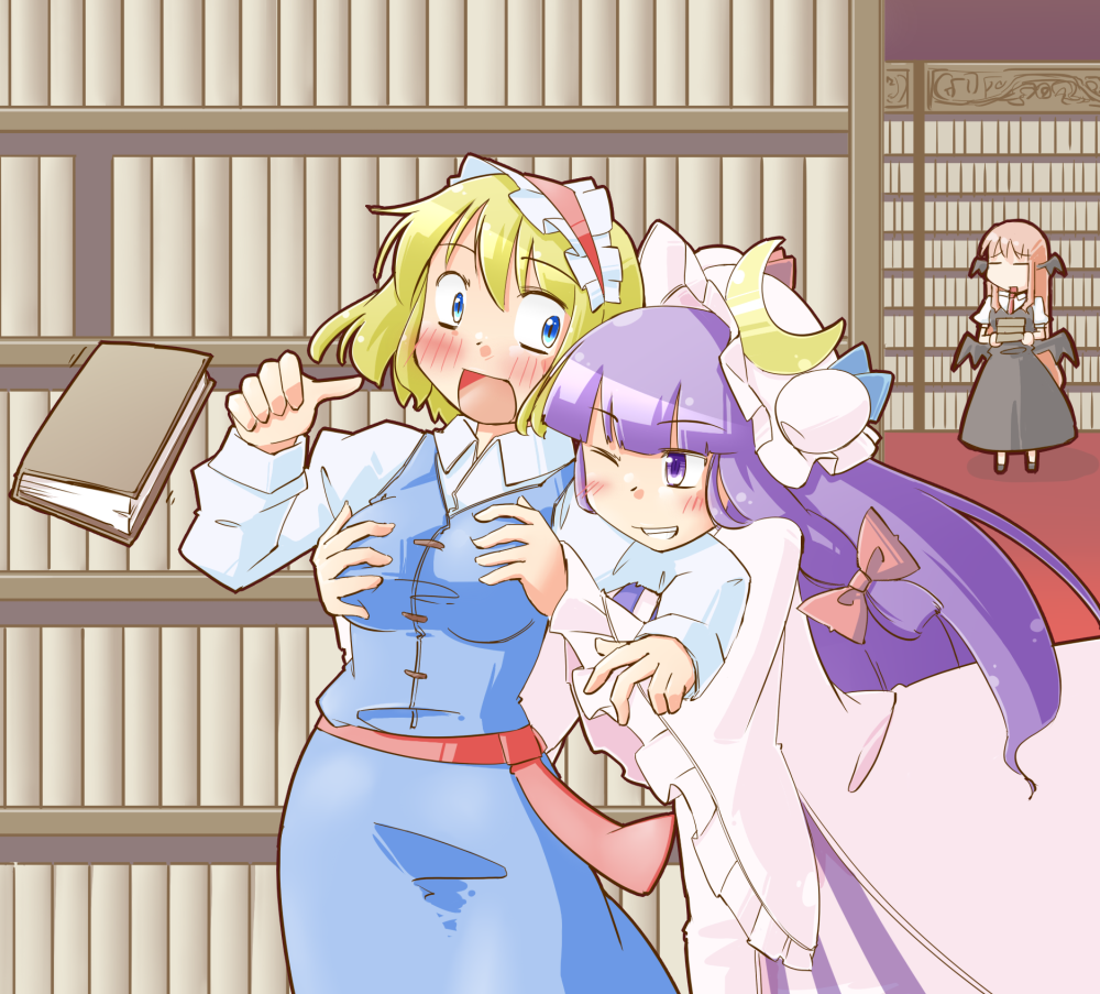 3girls :d ;d alice_margatroid arnest bangs bat_wings belt blonde_hair blue_eyes blunt_bangs blush book book_stack bookshelf bow breast_grab breasts commentary_request cowboy_shot crescent crescent_moon_pin dress dress_shirt dropping full_body grabbing grabbing_from_behind grin hair_ribbon hairband hat hat_bow head_wings holding holding_book koakuma library lolita_hairband long_hair long_sleeves looking_at_another low_wings medium_breasts mob_cap multiple_girls necktie one_eye_closed open_mouth patchouli_knowledge puffy_short_sleeves puffy_sleeves purple_dress purple_hair red_neckwear redhead ribbon shirt short_hair short_sleeves sidelocks skirt skirt_set smile striped striped_dress surprised touhou tress_ribbon vertical_stripes very_long_hair vest violet_eyes voile walk-in white_shirt wide_sleeves wings yuri