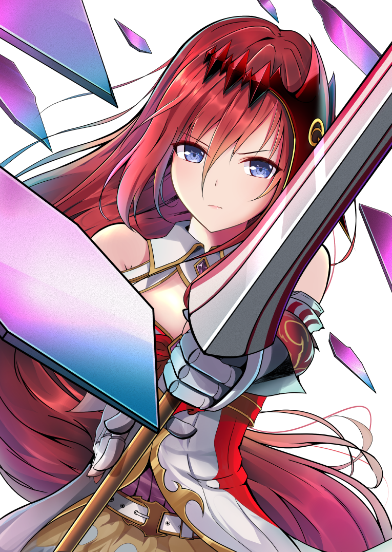 1girl amagami_(makise_tsubaki) bangs belt blue_eyes detached_sleeves dutch_angle eyebrows_visible_through_hair floating_hair gauntlets godguard_brodia granblue_fantasy hair_between_eyes hair_ornament holding holding_sword holding_weapon long_hair looking_at_viewer redhead solo sword very_long_hair weapon white_background