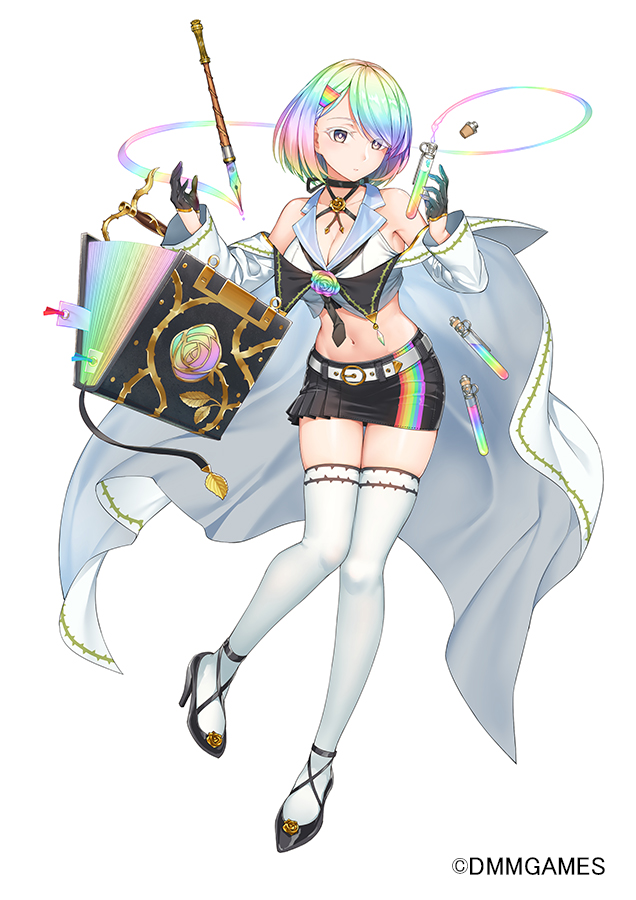 1girl belt black_footwear black_gloves black_skirt book breasts cleavage colored_eyelashes crop_top expressionless flower_knight_girl full_body gloves grey_eyes half_gloves iltusa labcoat large_breasts looking_at_viewer midriff miniskirt multicolored_hair navel official_art rainbow rainbow_hair rainbow_rose_(flower_knight_girl) short_hair simple_background skirt solo standing test_tube thigh-highs white_background white_legwear zettai_ryouiki