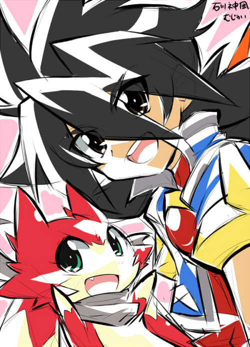 2boys :d black_hair blue_jacket dragon fang green_eyes ichibanboshi_no_rei jacket looking_at_viewer mugen_(battle_spirits) multiple_boys open_mouth outstretched_arms pink_background red_shirt rento_(rukeai) saikyou_ginga_ultimate_zero_~battle_spirits~ scarf shirt short_sleeves smile spiky_hair white_scarf