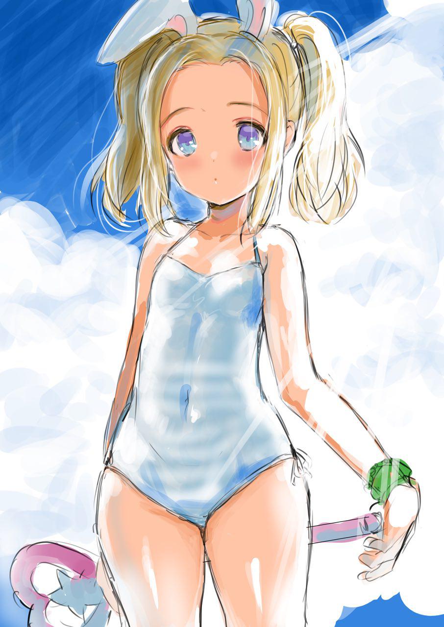 1girl animal_ears arm_behind_back blonde_hair blue_eyes casual_one-piece_swimsuit clouds covered_navel elin_(tera) emily_(pure_dream) flat_chest highres long_hair one-piece_swimsuit outdoors rabbit_ears scrunchie sketch sky solo swimsuit tera_online twintails wand white_swimsuit wrist_scrunchie