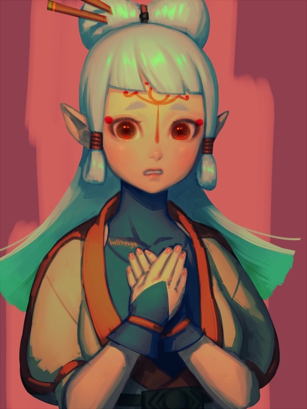 1girl artist_name bangs bellhenge brown_eyes facial_mark hair_ornament hair_rings hands_clasped image_sample long_hair looking_at_viewer own_hands_together paya_(zelda) pointy_ears solo the_legend_of_zelda the_legend_of_zelda:_breath_of_the_wild traditional_clothes tumblr_sample turtleneck white_hair