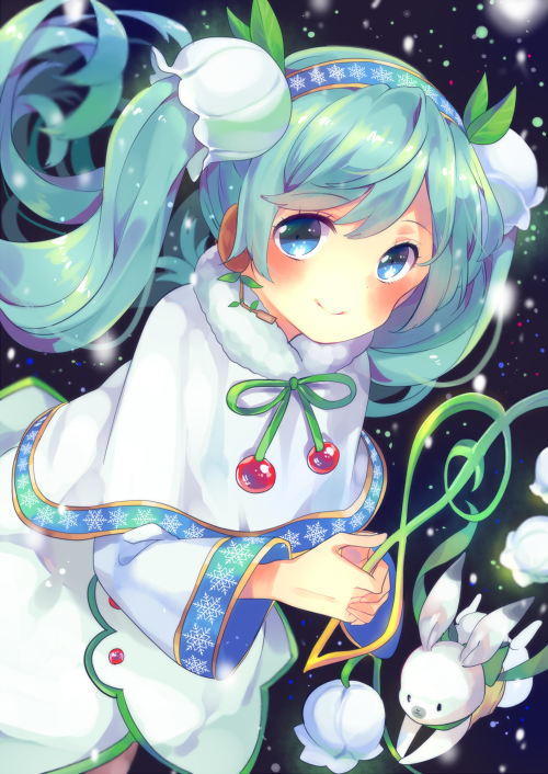 1girl aqua_hair bangs blue_eyes blush capelet earrings flower fur-trimmed_capelet fur_trim green_neckwear hair_flower hair_ornament hairband hatsune_miku hina_(milk_ti_leaf) holding holding_flower jewelry lily_of_the_valley long_hair long_sleeves looking_at_viewer neck_ribbon rabbit ribbon skirt smile snowflake_print snowing solo treble_clef twintails vocaloid white_flower yuki_miku