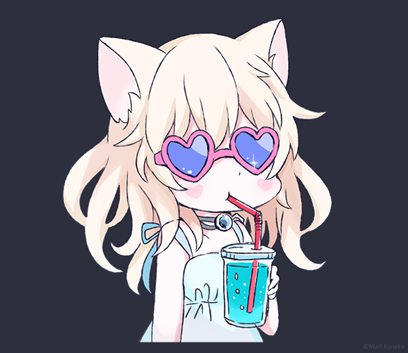 1girl animal_ears aqua_dress artist_name bangs black_background blonde_hair blush_stickers cat_ears choker cup dress drinking drinking_straw heart heart-shaped_eyewear holding holding_cup koneko_mari original simple_background solo sparkle sunglasses upper_body