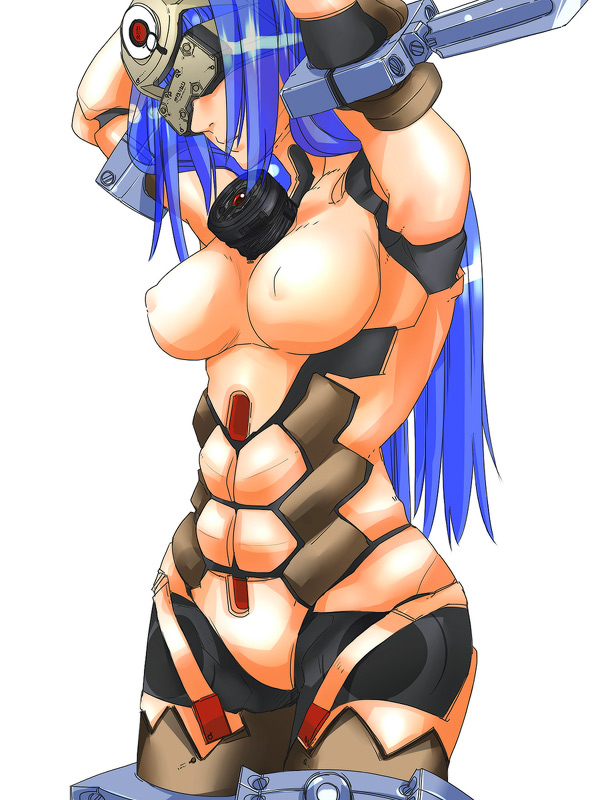 1girl android ass blue_hair breasts commentary_request cyborg forehead_protector head_mounted_display kos-mos kos-mos_(archetype) long_hair nude parts_exposed simple_background solo very_long_hair virtues xenosaga xenosaga_episode_i