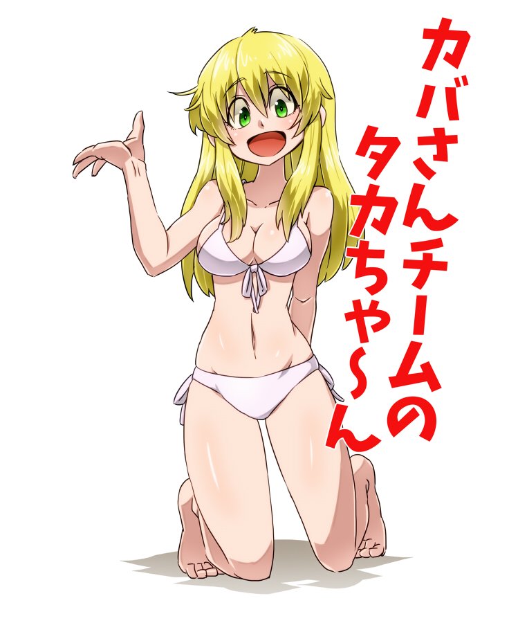 1girl aono3 arm_behind_back bangs barefoot bikini blonde_hair breasts carpaccio cleavage eyebrows_visible_through_hair front-tie_bikini front-tie_top full_body gesture girls_und_panzer green_eyes kneeling long_hair looking_at_viewer medium_breasts navel open_mouth side-tie_bikini simple_background smile solo swimsuit translation_request white_background white_bikini